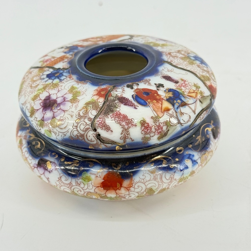 Vintage Porcelain Hair Receiver | Asian Hand Painted Dresser Vanity Jar - Picture 2 of 15